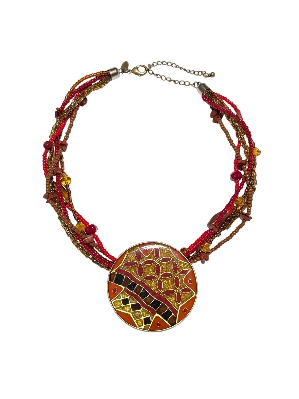 Chicos Medallion Statement Necklace Beaded Stone Pendant Boho Tribal Earthtones